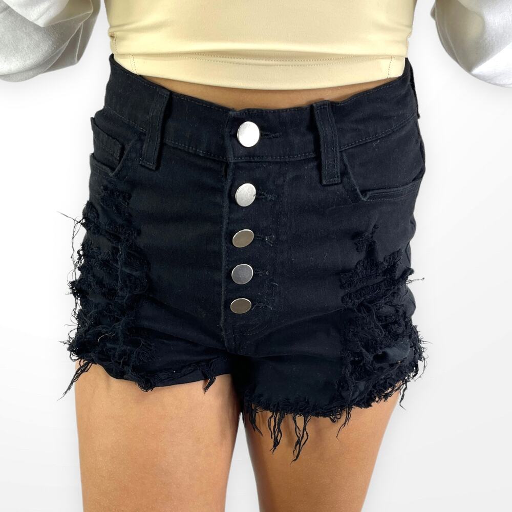 APHRODITE Black Raw Hem High Rise Button Fly Stretch Shorts - Picture 3 of 6